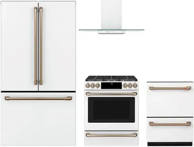 A Cafe appliance package featuring a refrigerator, slide in gas range, dishwasher drawers, and microwave 