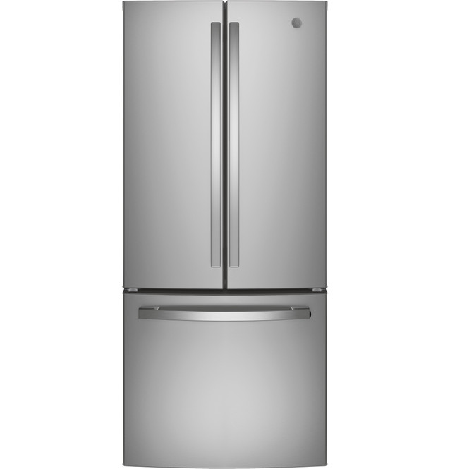 Front view of the GE gne21fykfs French door refrigerator 