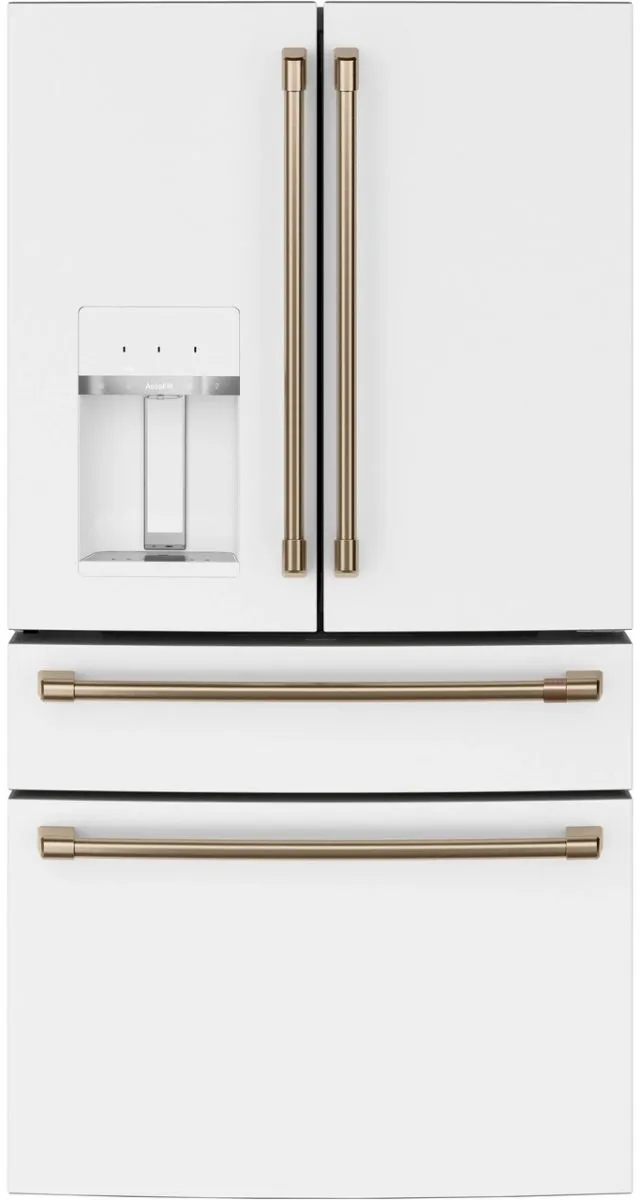 Front view of the Cafe CXE22DP4PW2 matte white French door refrigerator 