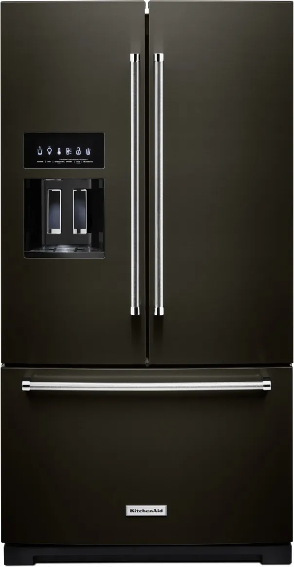 Front view of the KitchenAid KRFF577KBS matte black French door refrigerator 