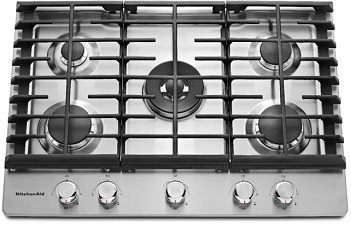 Overhead view of the KitchenAid KCGS550ESS 30” gas cooktop 