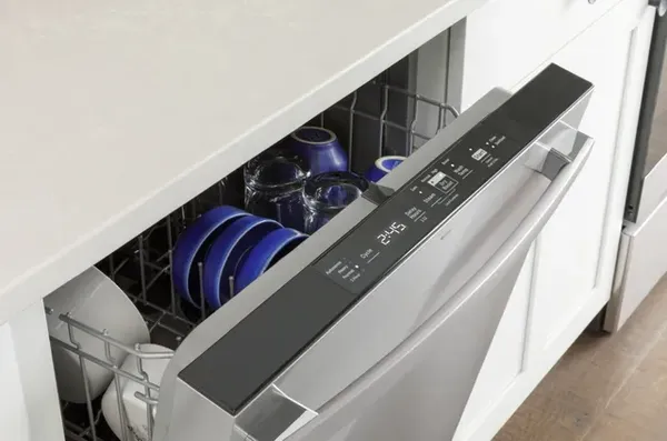 Up-close look at the GE GDT550PYRFS dishwasher with its door open 