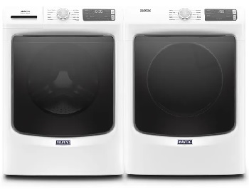 Front view of a Maytag washer and dryer pair featuring the Maytag MHW5630HW and Maytag 