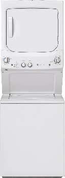 Front view of the GE GUD27ESSMWW washer and dryer tower 
