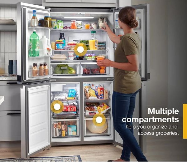 A woman reaching for an item inside the Whirlpool WRQA59CNKZ with a graphic overlay describing the compartments 
