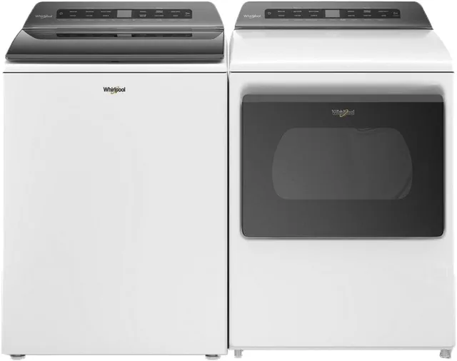 A Whirlpool laundry pair featuring the Whirlpool WTW5105HW washer and Whirlpool WED5100HW dryer 