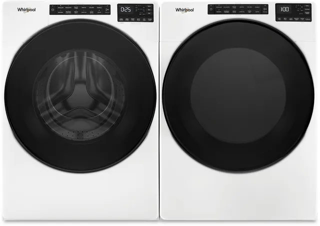 A Whirlpool laundry pair featuring the Whirlpool WFW5605MW washer and Whirlpool WED5605MW dryer