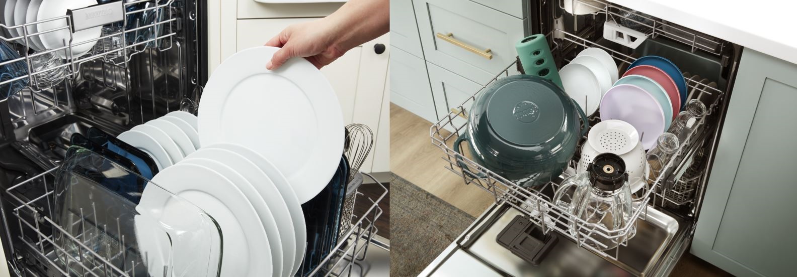 Side by side shot of a Maytag dishwasher interior and a Whirlpool dishwasher