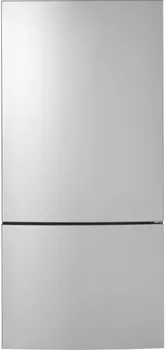 Front view of the GE GBE17HYRFS bottom freezer refrigerator