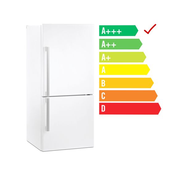 A multi-color bar graphic with a graded rating next to a bottom freezer refrigerator 