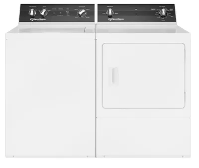 A Speed Queen washer and dryer set featuring the Speed Queen TR3003WN washer and Speed Queen DR3003WE dryer 