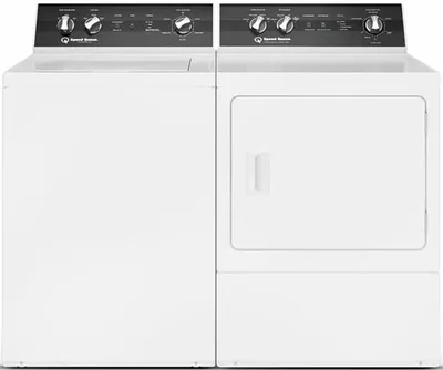 A Speed Queen washer and dryer set featuring the Speed Queen TR5003WN washer and Speed Queen DR5004WG dryer 
