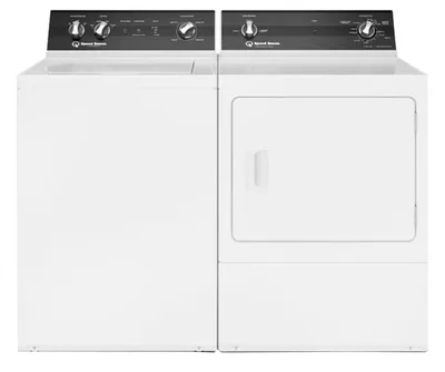 A Speed Queen washer and dryer set featuring the Speed Queen TR3003WN washer and Speed Queen DR3003WG dryer 