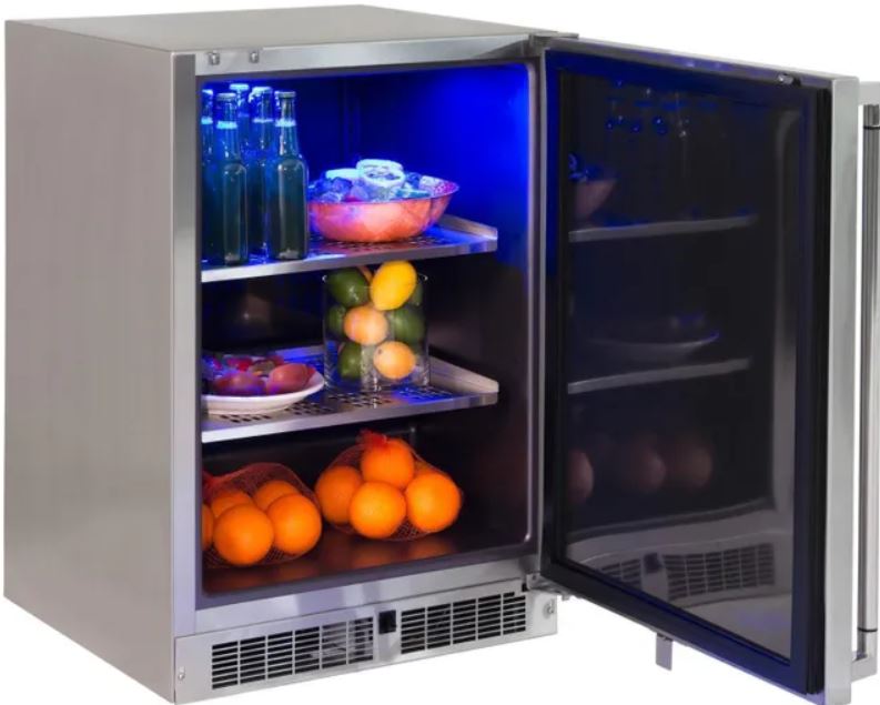 outdoor fridge stocked with fruits and beverages