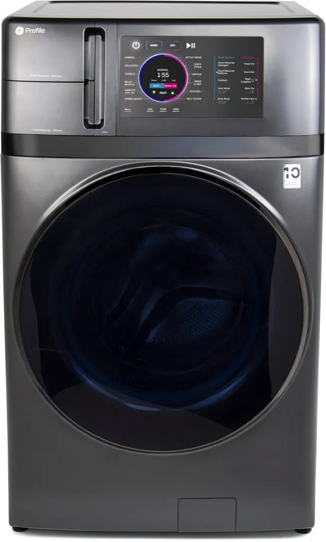 Front view of the GE Profile PFQ97HSPVDS UltraFast washer dryer combo 