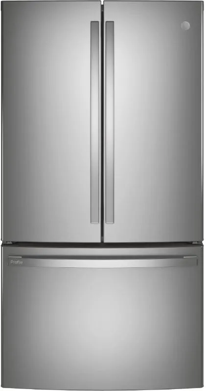 Front view of the GE Profile PWE23KYNFS French door refrigerator 
