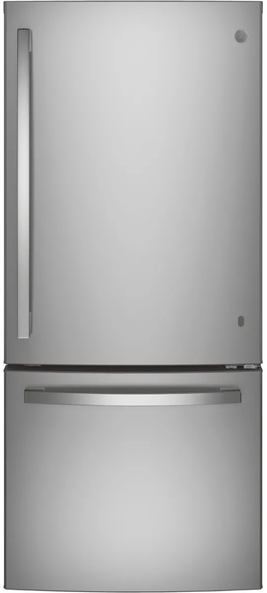 Front view of the GE GDE21EYKFS bottom freezer refrigerator 