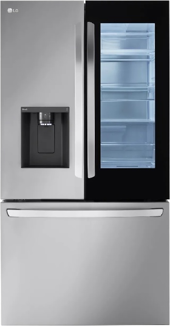 Front view of the LG LRFOC2606S smart French door refrigerator 