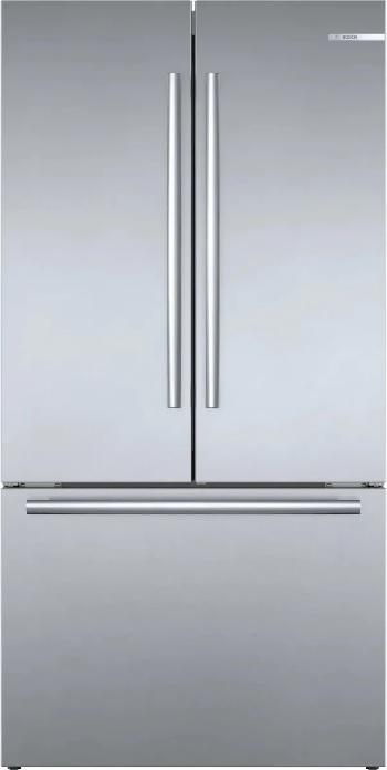 Front view of the Bosch 800 Series B36CT80SNS French door refrigerator 