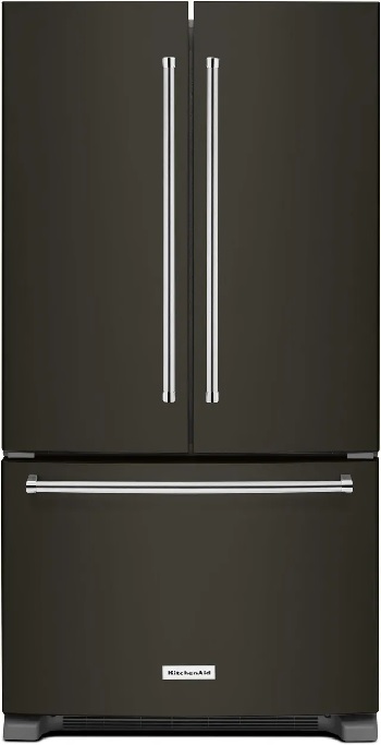 Front view of the KitchenAid KRFF305EBS French door refrigerator 