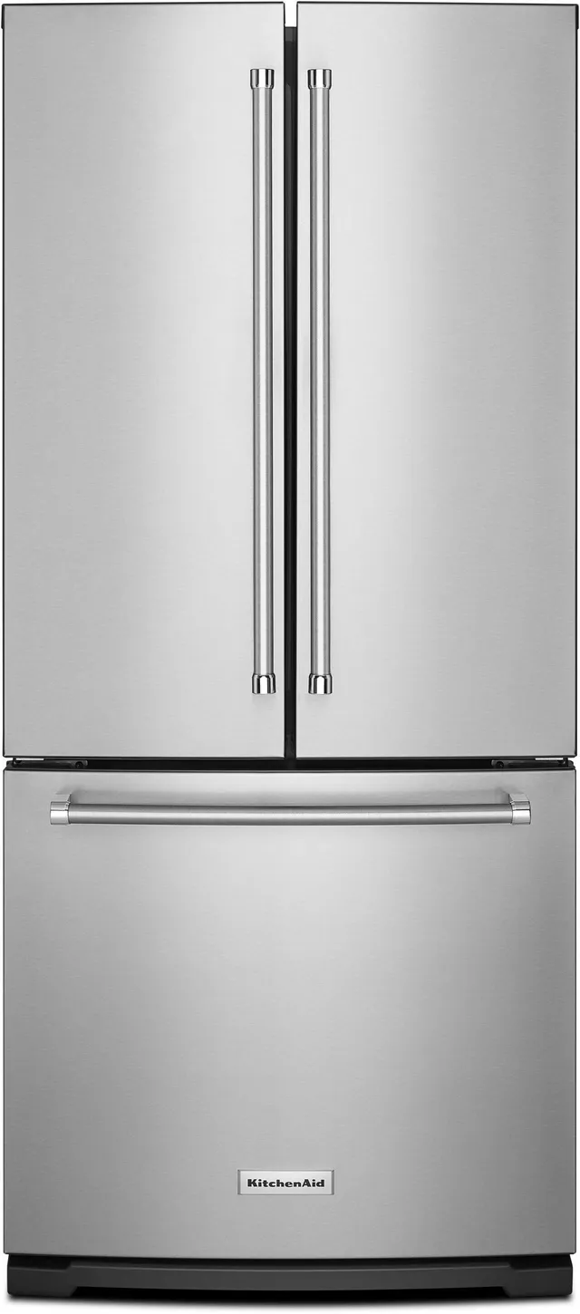 Front view of the KitchenAid KRFF300ESS French door refrigerator 