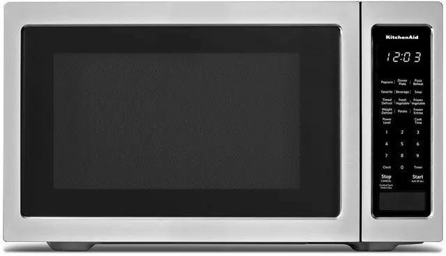 Front view of the KitchenAid KMCS1016GSS microwave 