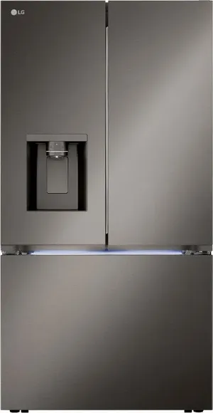 Front view of the LG LRYXC2606D black stainless French door counter depth refrigerator 