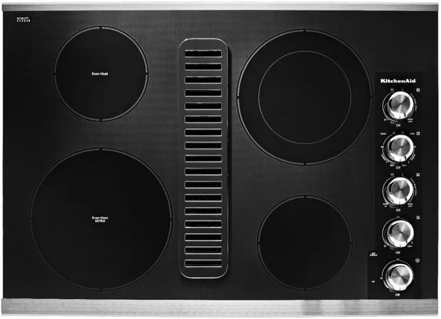 Overhead view of the KitchenAid KCED600GSS downdraft cooktop 