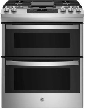 Front view of the GE JGSS86SPSS double oven gas range 