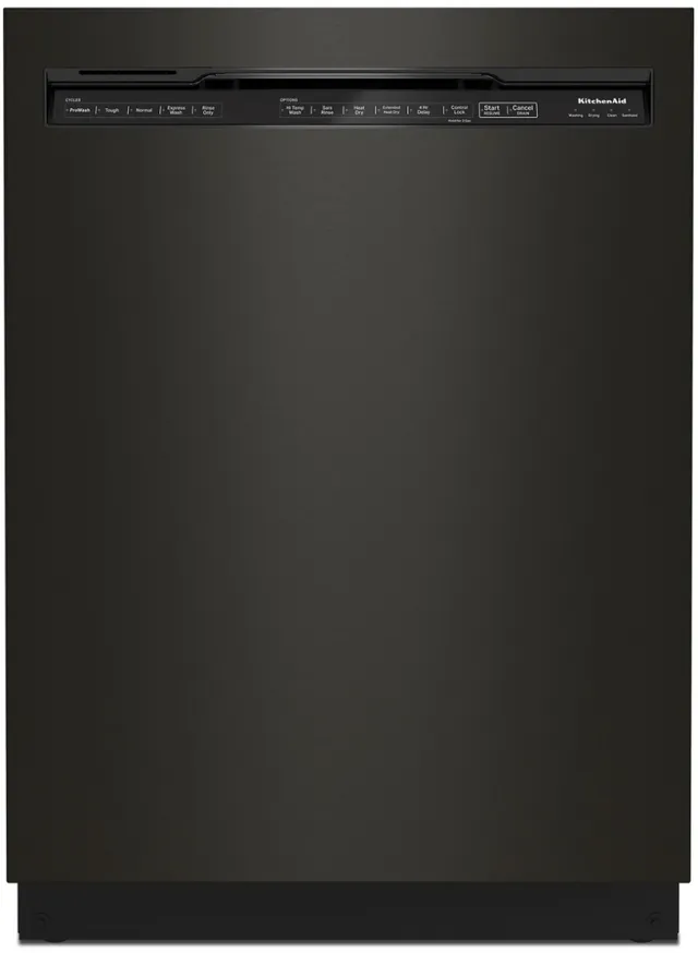 Front view of the KitchenAid KDFM404KBS dishwasher 