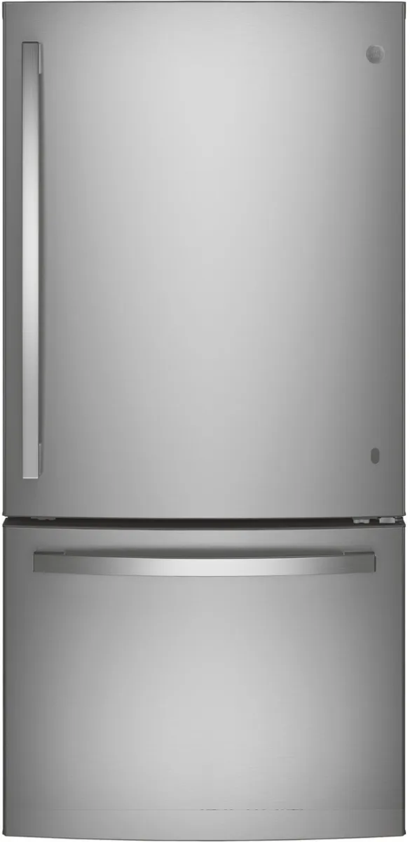 Front view of the GE GDE25EYKFS bottom freezer refrigerator 