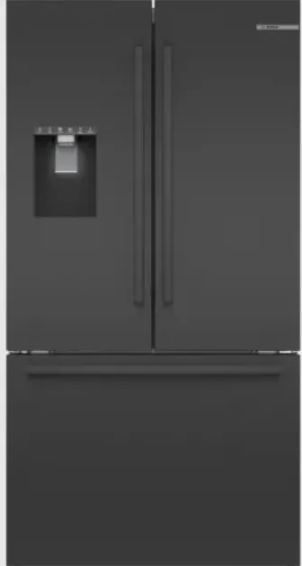 Front view of the Bosch 500 Series B36FD50SNB black stainless French door refrigerator 