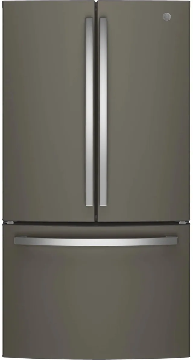 Front view of the GE GNE27JMMES French door refrigerator 