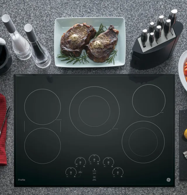 Overhead view of the GE PP9030DJBB-Z electric cooktop 