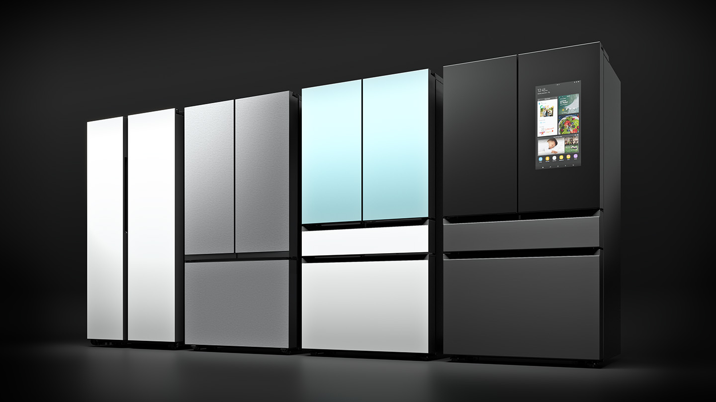 Various Samsung Bespoke refrigerators against a black background 