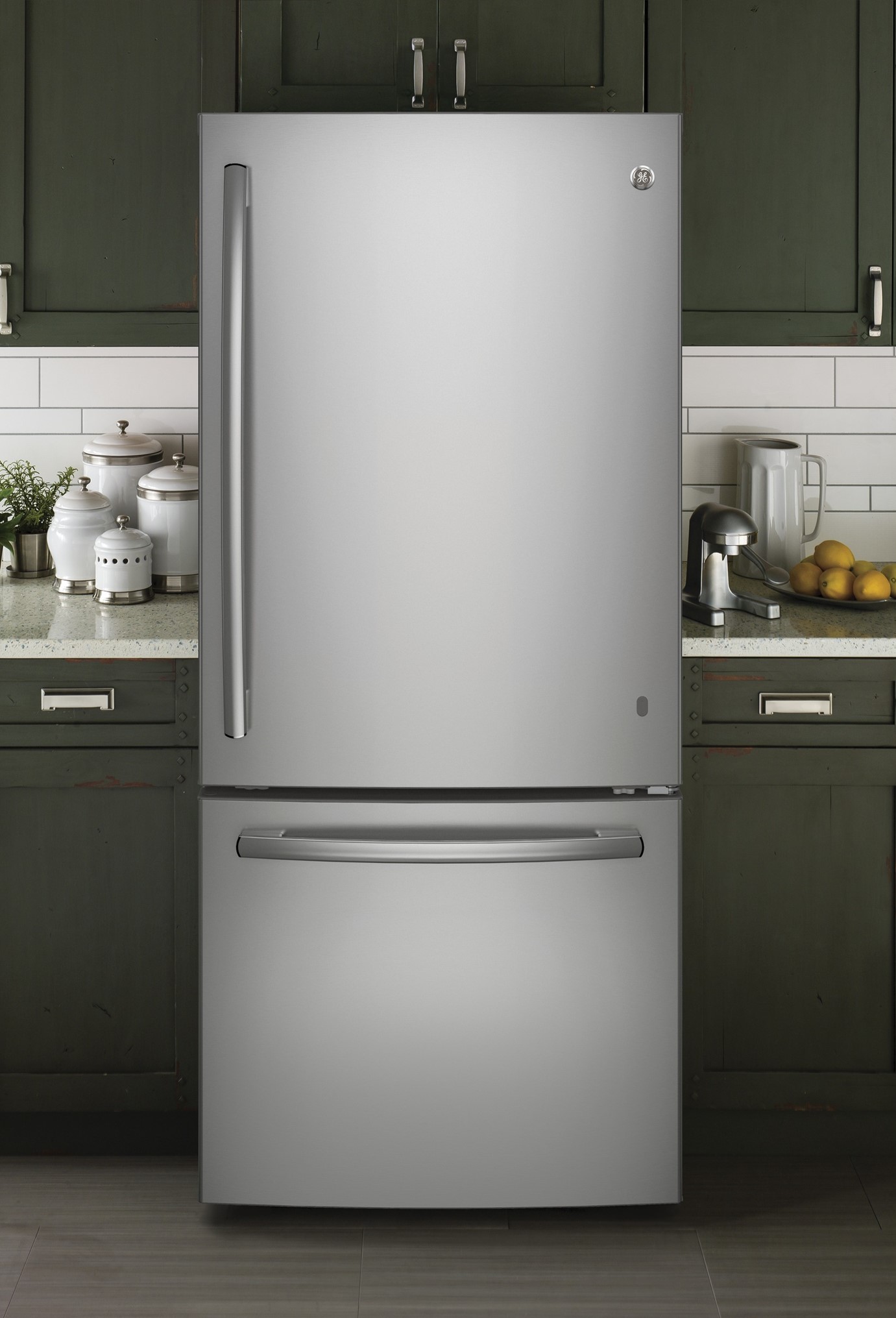GE stainless steel refrigerator in kitchen