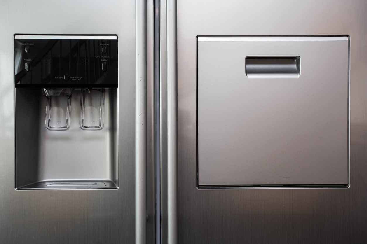 closeup of stainless-steel French doors on refrigerator
