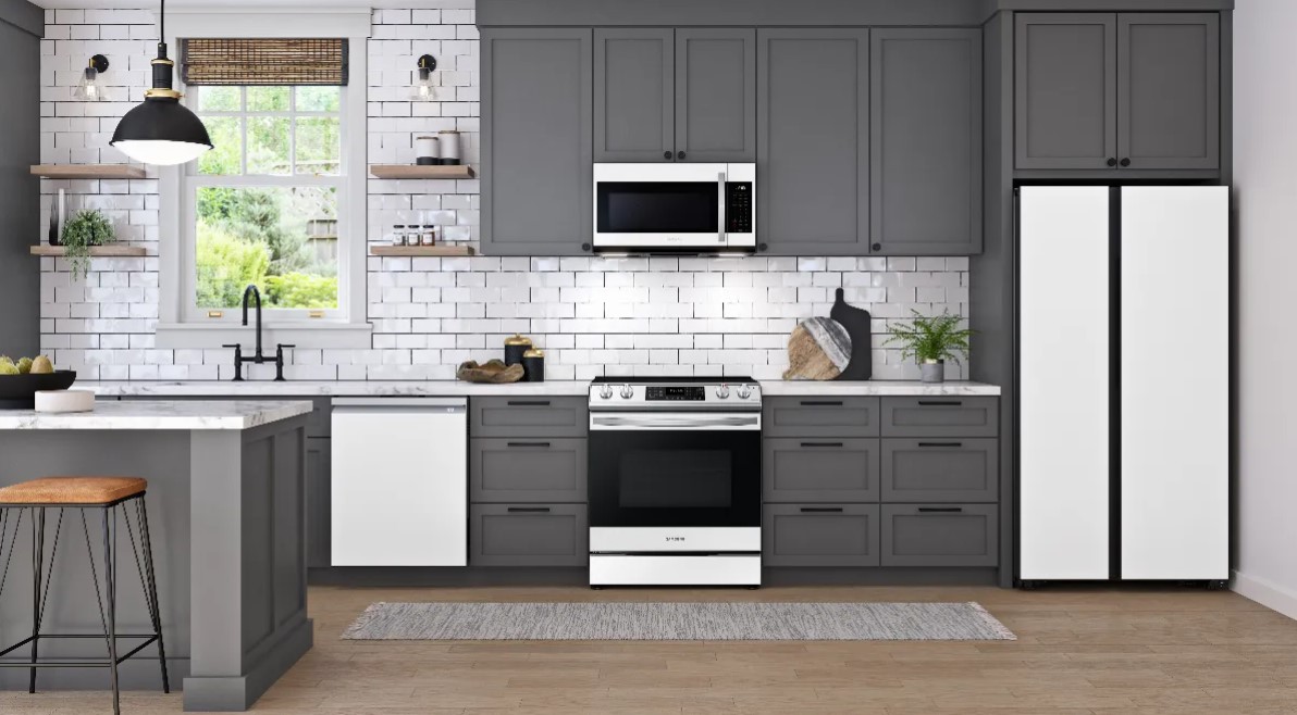 White Samsung Bespoke appliances in a modern-farmhouse style kitchen