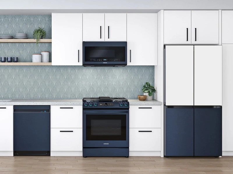 Navy and white Samsung Bespoke appliances in a kitchen