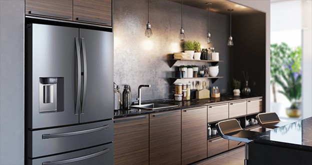 sleek four door fridge in modern kitchen