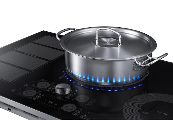 Samsung 36 inch Induction Cooktop-Stainless Steel induction cooktop with LED Virtual Flame and pot