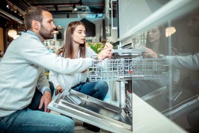 side view of a man and woman kneeling and pointing inside and open dishwasher in an appliance store