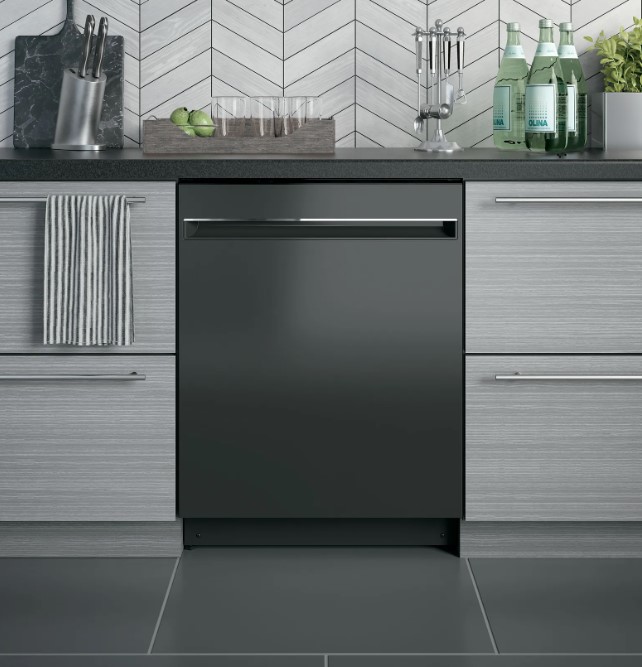 GE black dishwasher is featured in a modern kitchen