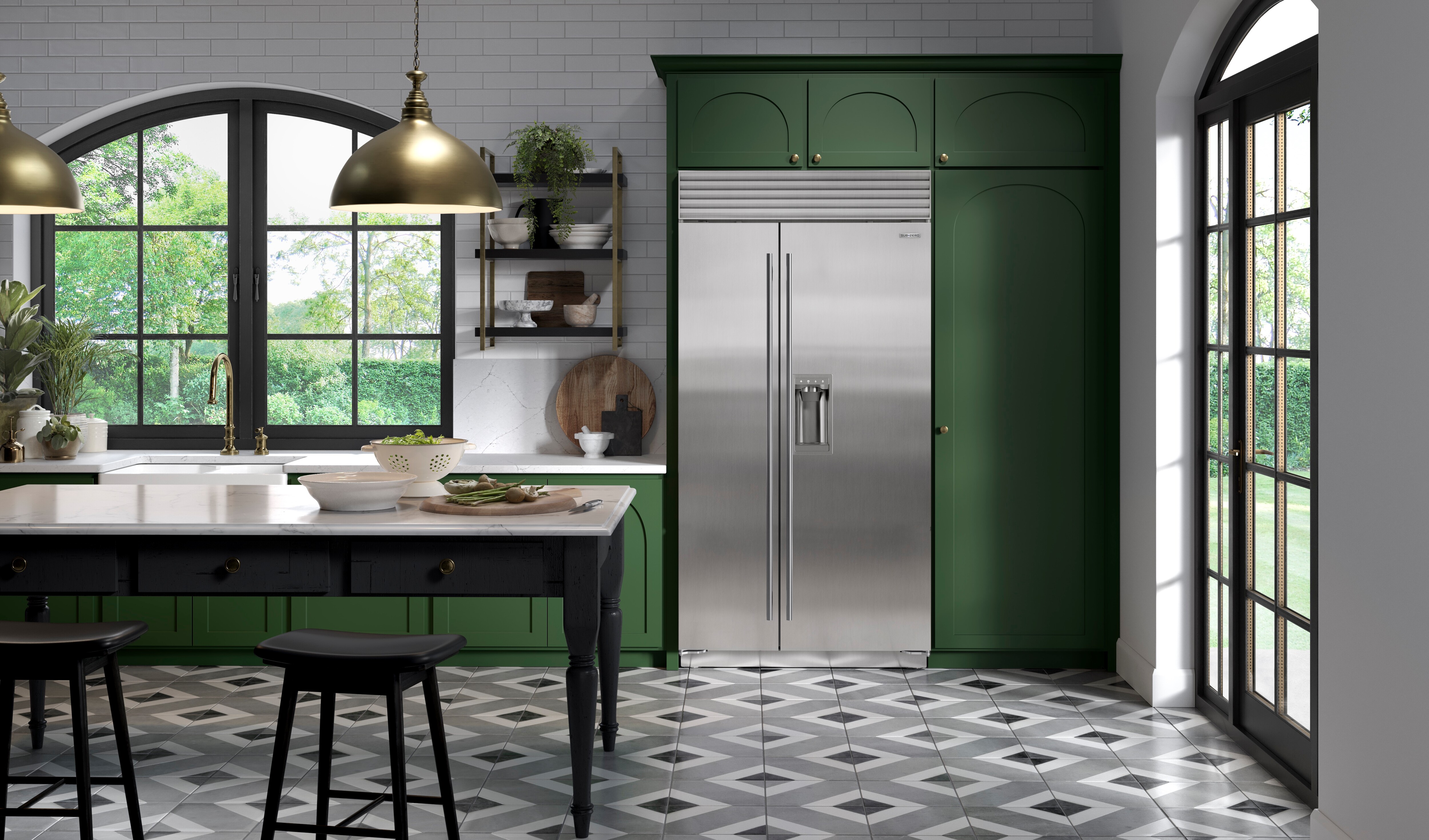 The Sub-Zero CL4250SD built-in side by side refrigerator in a green-themed kitchen 