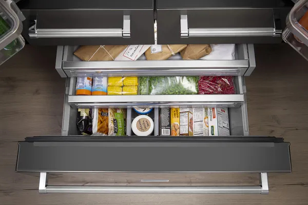 The KitchenAid KRMF706ESS refrigerator featuring bottom freezer drawers 