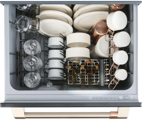 Overhead view of the Cafe CDD420P4TW2-CL dishwasher drawer 