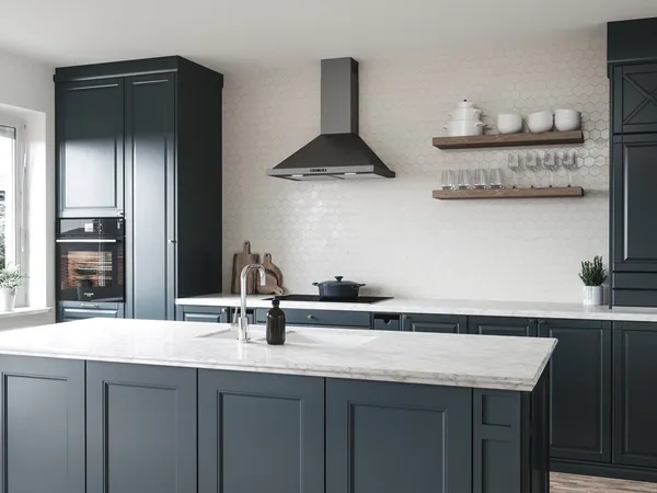 The Zephyr Ombra collection 36” range hood featured in a kitchen 