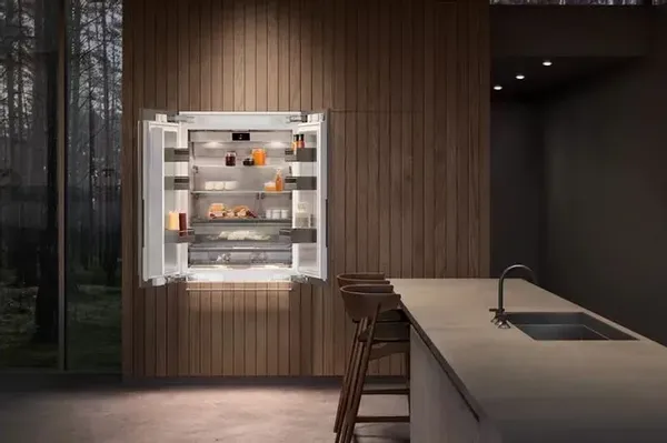 The Gaggenau 400 series refrigerator featured in a wood panel finish 