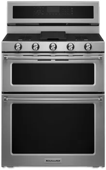 Front view of the KitchenAid KFGD500ESS range 