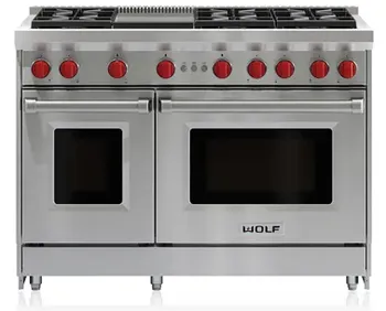  Front view of a Wolf 48” range 